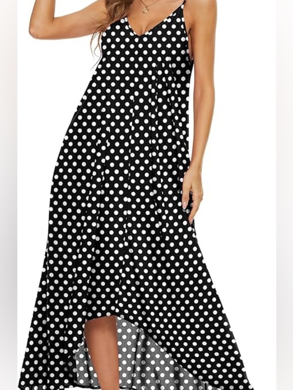 Polka Dot Spaghetti Strap Maxi Dress - Black & White - Picture 2 of 12